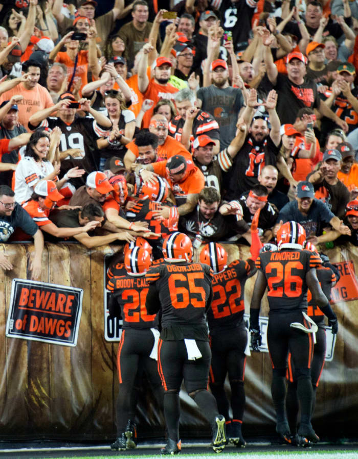 Members of the Browns celebrate with fans after they beat the Jets at FirstEnergy Stadium in 2018 to snap a 19-game winless streak.